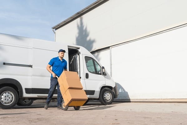 Repartidor descarregant caixes de transport al costat de la furgoneta de logística i distribució externalitzada de Quicktail.