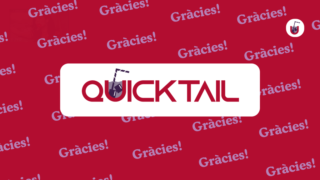 Logotip de "QUICKTAIL" en lletres granates dins d'un rectangle blanc central, sobre un fons vermell on es repeteix la paraula "Gràcies!" en un to lila clar.